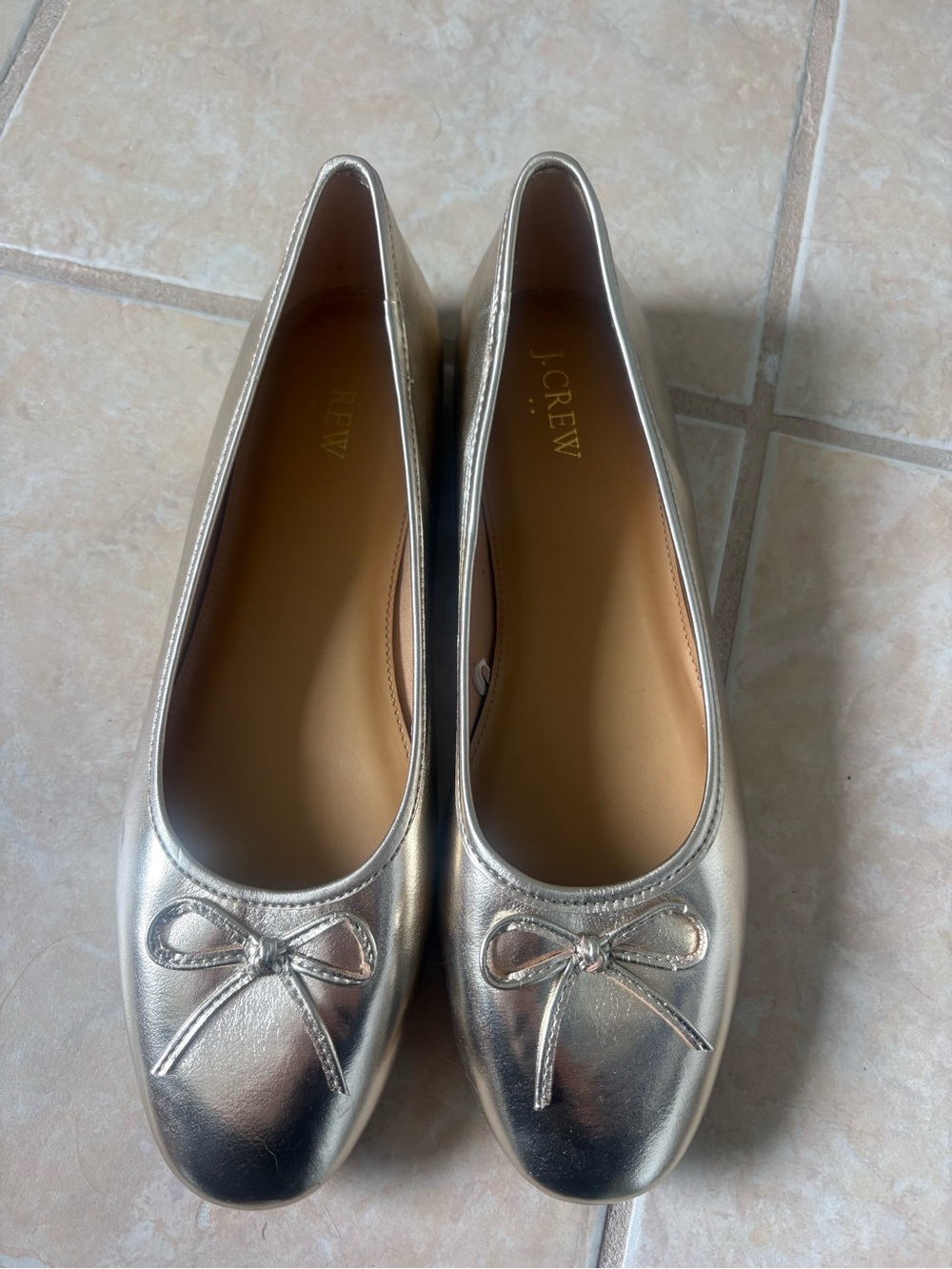 J. Crew Gold Ballet Flats with Bow Accent